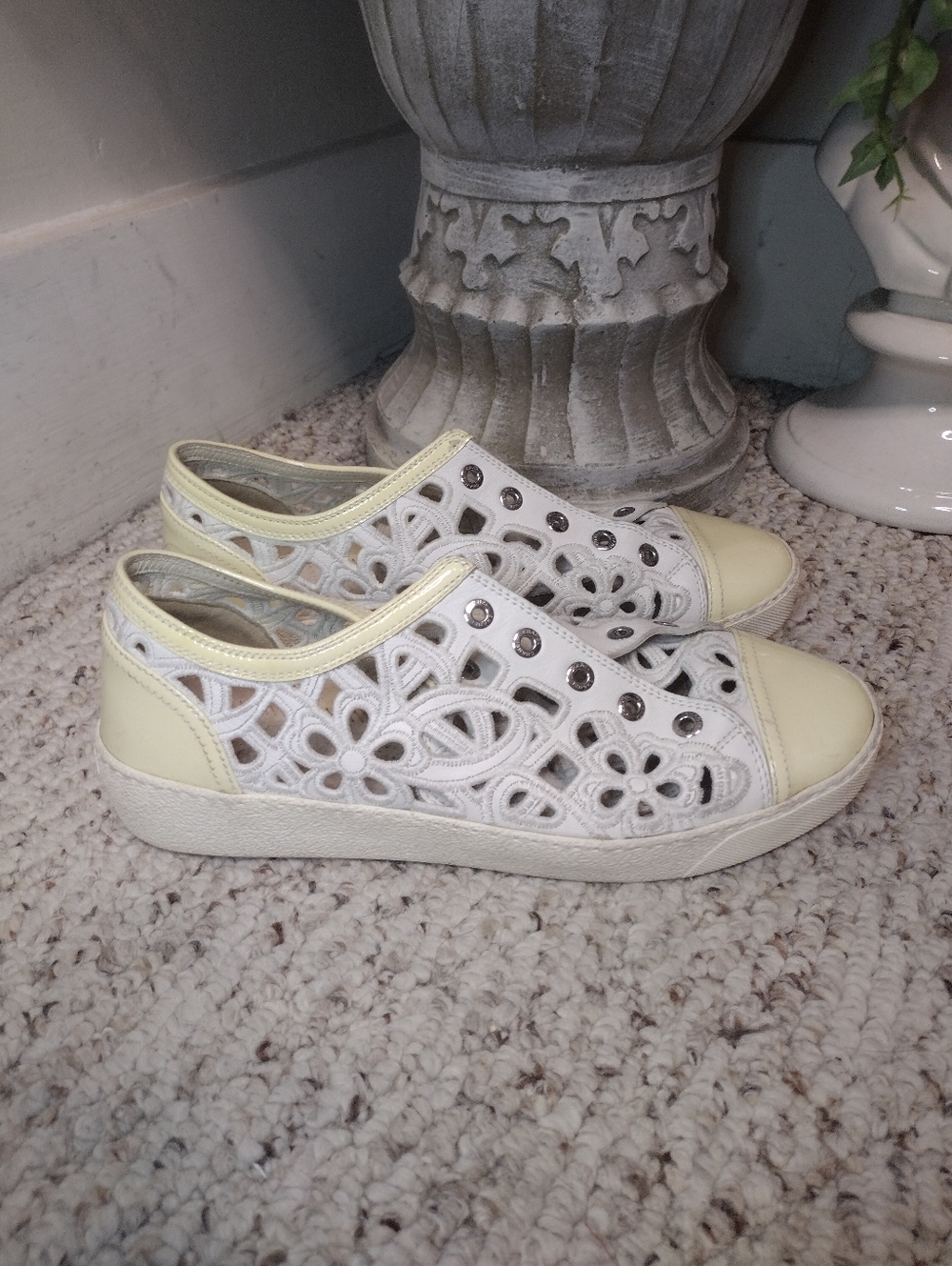 Chanel White & Cream Floral Laser Cutout Lace-up Sneakers - Picture 9 of 9